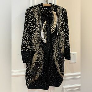 💥CHICO'S - BLACK & GOLD METALLIC LONG CARDIGAN SWEATER SEQUINS & BEADING - SZ 0